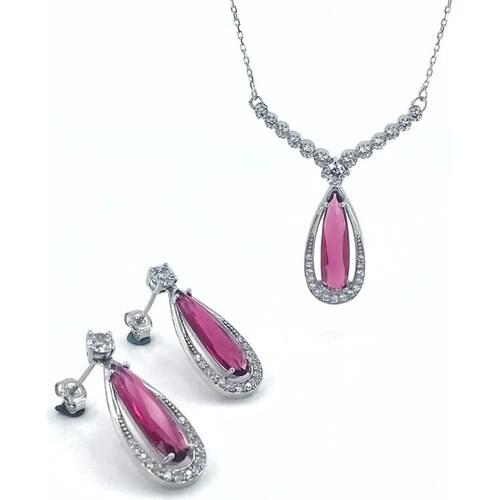 Magümüş Şarabi Ruby Diamond Workmanship Silver Necklace Earrings Set Suit