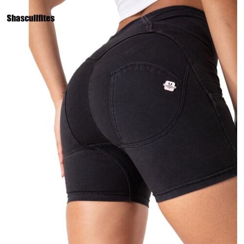 Shascullfites Butt Lift Slim Fit High Waist Yoga Sport Shorts Hip Push Up Fitness Denim Shorts Tummy Control Workout Shorts