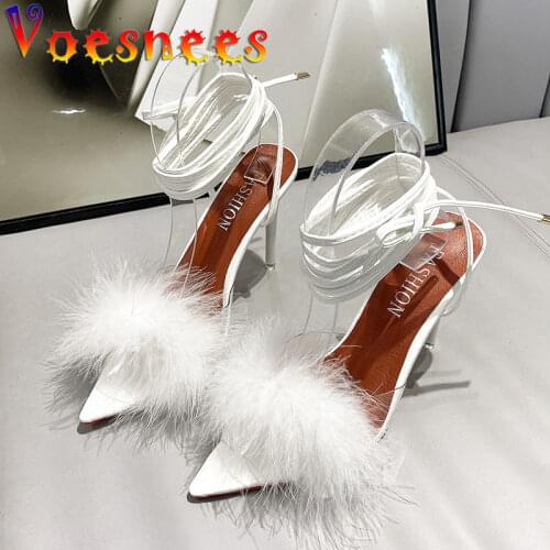 Voesnees Sexy PVC Fluffy Fur Women Sandals New Summer Pointed Toe Stiletto Shoes 11CM Fashion Lace Up High-Heel Shoes Size 43