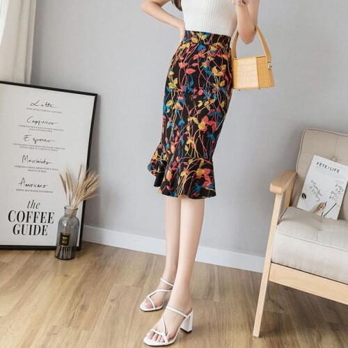Plus Size 5xl Womens Mermaid Skirt Big Size 4xl Casual Print Good Elastic Skirt Korean Office Women Sexy Midi Skirts Jupe Femme