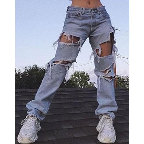 Women Ripped Jeans, Adults Solid Color Straight-leg Pants with Pocket, Belt Loop (Blue)