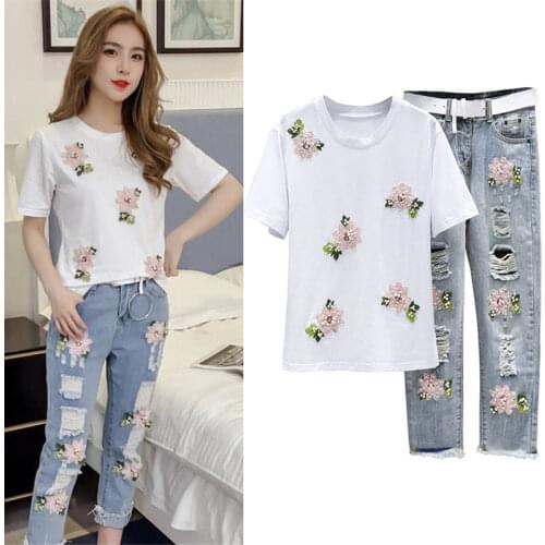 Women Beaded flower embroidery Tshirt Hole Denim Pants Sets For Ladies Woman Casual Short Sleeve T Shirts Jeans Suits