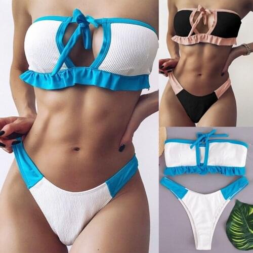 Womens Fashion Sexy Bikini Stitching Bandage Split 2-Piece Swimsuit