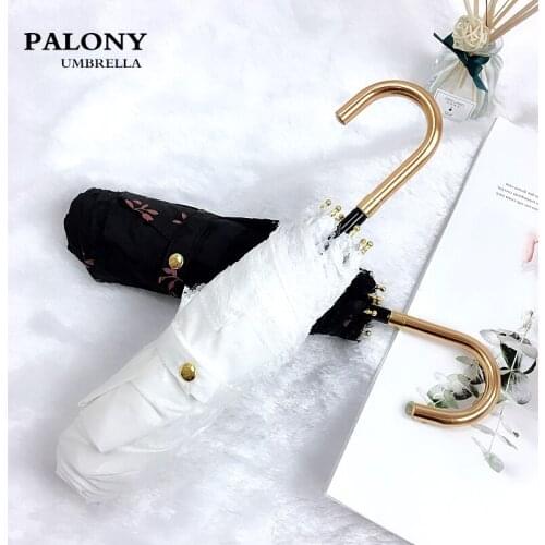 PALONY Three Fold Womens Sunshade Rain Umbrella The Handle Is Gold Curved Hook and The Umbrella Is LaceStyle