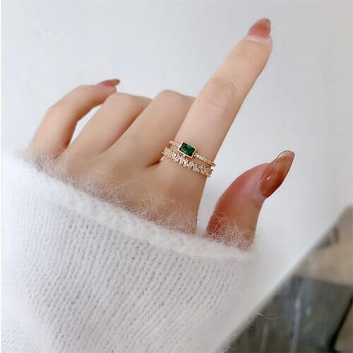 Bohemia Emerald Green Crystal Women Ring Double Layers Transparent Zircon Elegant Bague Anillos Shine Bridal Wedding Jewelry