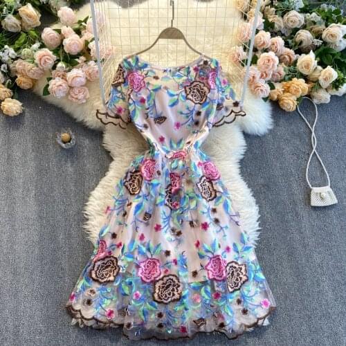 Spring Summer 2021 New Fashion Women Embroidery Flower Round Neck Short Sleeve High Waist Slim A-line Dress Vestidos R197
