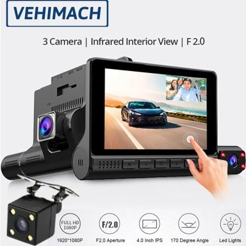 4 Inch Touch Screen Car Dash Cam 3 Cameras Lens Car DVR FHD 1080P Dashcam Night Vision 24 Hours Parking Monitor Video Recorder