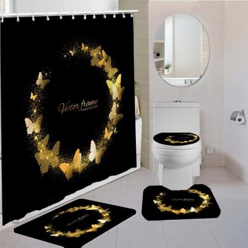4 Piece Gold Butterfly Print Shower Curtain Beautiful Landscape Bathroom Curtain Carpet Cover Toilet Cover Bath Mat Pad Set