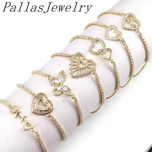 8Pcs Hot sale fashion gold plated curb link chain bracelet, Crystal Heart Charm Bracelets For Women jewelry