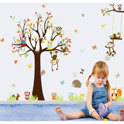 Large cute owls birds butterfly monkeys on the tree wall stickers for kids rooms cartoon animals decor decals diy wall poster