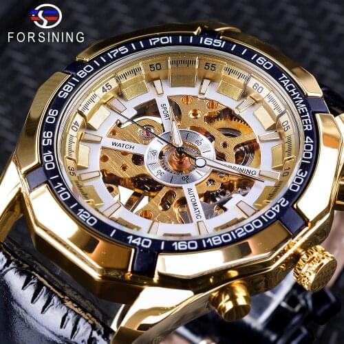 Forsining 2018 Fashion Gold White Skeleton Display Wristwatch Male Luminous Hands Clock Mens Mechanical Watch Top Brand Luxury