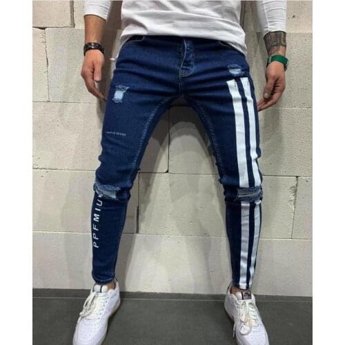 Mens ripped elastic feet jeans Amazon foreign trade printed jeans mens new style