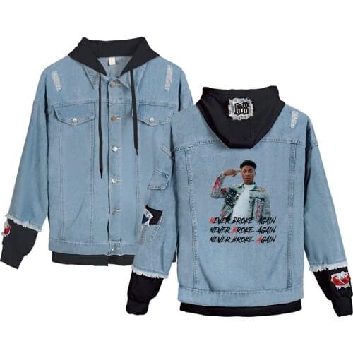 Never Broke Again Denim Jackets Men Women Fake Two Denim Coats High Quality Jackets Streetwear Hip Hop YoungBoy Hooded Jacket
