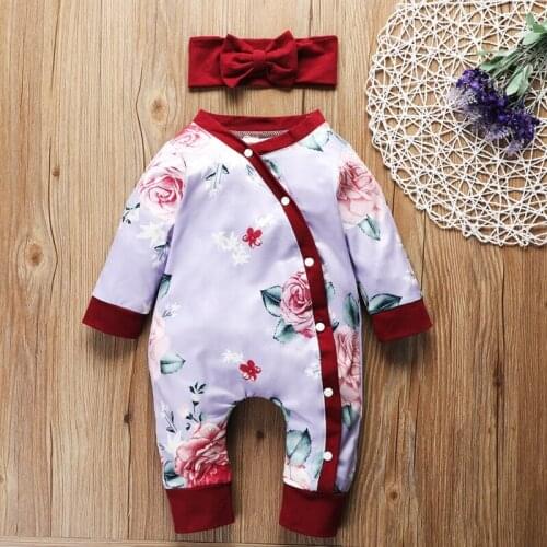 Baby Boy Girl Rompers Long Sleeve Hair Band 2 Pcs Single Breasted Round Neck Floral Print Jumpsuit Spring And Autumn