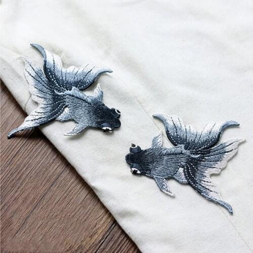 1PC Red Black Fish Patches for Clothing Embroidery Sew On Applique For Bags Dress Clothes High Quality Patches DIY Applique