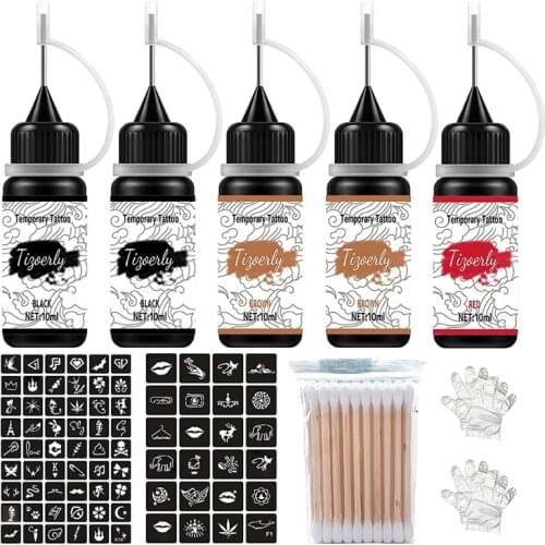 Temporary Tattoos Kit 4 Bottles Semi Permanent Freehand Ink with Adhesive Stencils Set Paste DIY Tattoos Temp