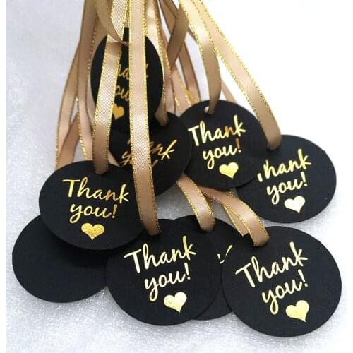 100X Round Gold Thank You Stickers Hang Tags Black With Rope For Christmas Present Box Packaging Wedding/Birthday Party Flower