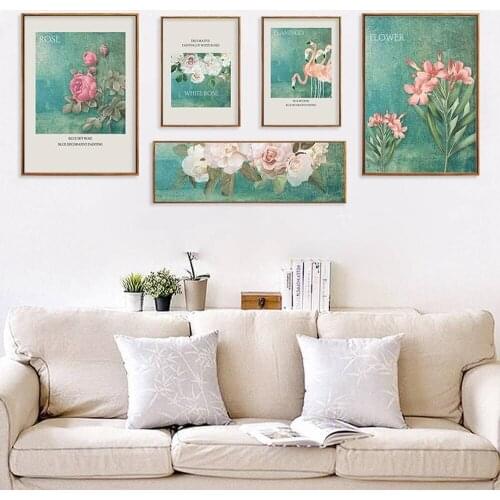 Nordic Simple Rose Flamingo Waterproof Canvas Painting Retro Plant Flower Posters Wall Art Pictures For Living Room Art Set