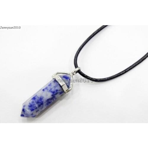 Natural Blue Spots Gems Stones Hexagonal Pointed Healing Reiki Chakra Pendant Black Leather Cord Necklace18''lnch 5 Sets/Pack