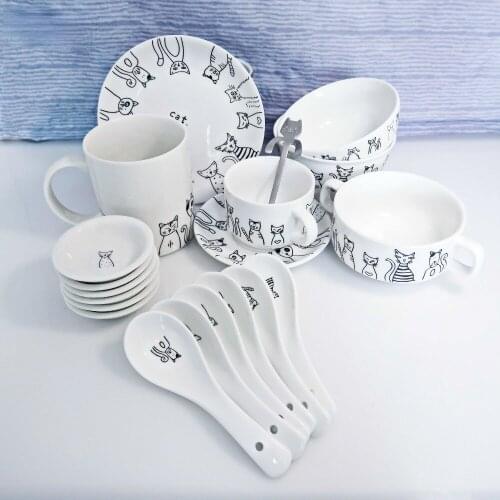 Novelty Cute Ceramic Cat Plate Cup Bowl Spoon Sets Unique Dinner Soup Bowl Dessert Wholesale Dinnerware Tray Kitchen
