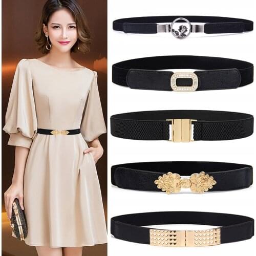 Charming black elastic waistbands thin strench cummerbunds for women dress wedding accessories fashion flower buckle alloy gold