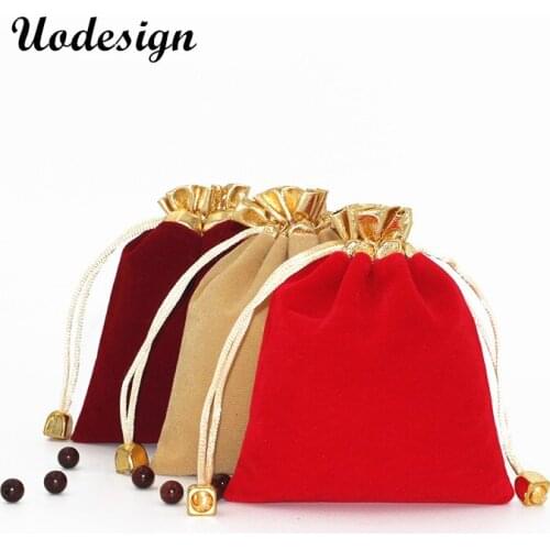 50pcs 7*9cm,10*12cm Gift Bags Wine Red Black Jewelry Packing Inlaid Gold Velvet Beam Port Bags Drawstring Pouches Gift Bags