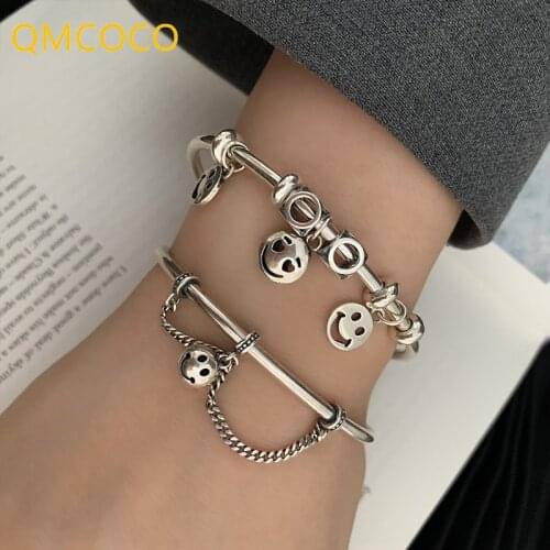 QMCOCO 925 Silver Smile Face Charms Beads Chain Ounk Hip-Hop Bracelet Bangles For Women Vintage Handmade Jewelry Gift