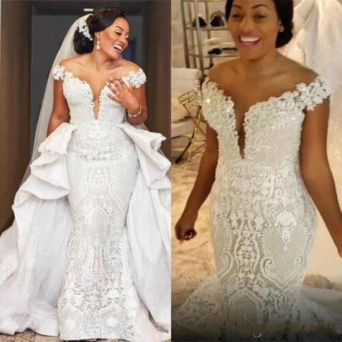 Spark Mermaid Wedding Dresses Detachable Train African Lace Country Garden Boho Bridal Gowns Off The Shoulder 2023