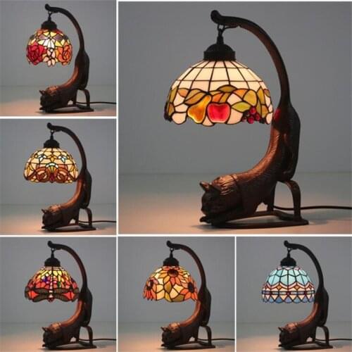 Vintage Exotic Handmade Cat Base Glass Tiffany Table Lamp for Foyer Bed Room Bar Apartment Glass Reading Light H 40cm 1065