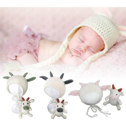2 Pcs Baby Knit Cow Hat Doll Set Crochet Beanies Newborn Photography Props Infants Photo Shooting Posing Accessories H055