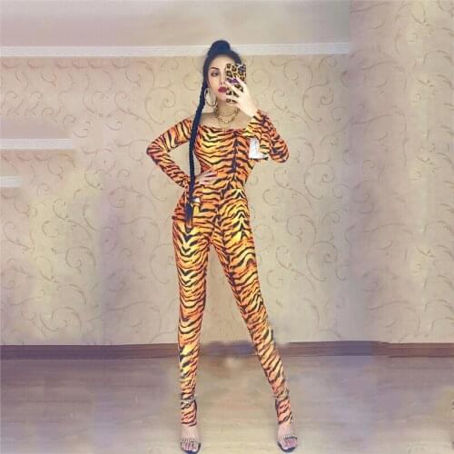 Sexy Female Singer Dj Gogo Ds Tiger Print Long Jumpsuit Suit Stage Costume Celebrate Cosplay Women Bodysuit Rave Outfit XS2202