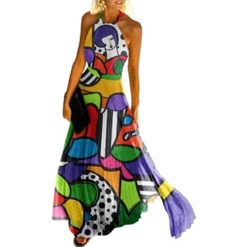 2021 Sexy Boho Abstract Art Print Party Dress Women Retro Halter Off Shoulder Long Dress Summer Fashion Sleeveless Pleated Dress