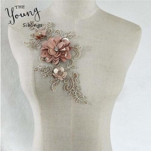 Gold Embroidery Lace Collar Fashion 3D Flower Sequins Lace Fabric Embellishment Neckline DIY Applique Garment Decor Sell in 1PC