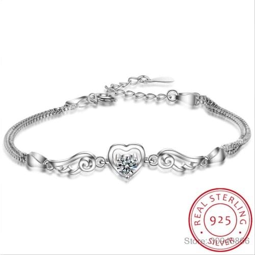 100% 925 Sterling Silver Double Angel Wings Heart Charm Bracelets For Women White/Purple Crystal jewelry Pulseira Feminina