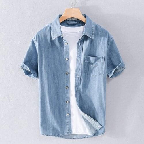 100% Cotton embroidered short sleeve denim shirts men casual solid blue shirt for men brand chemise camisa tops mens clothes