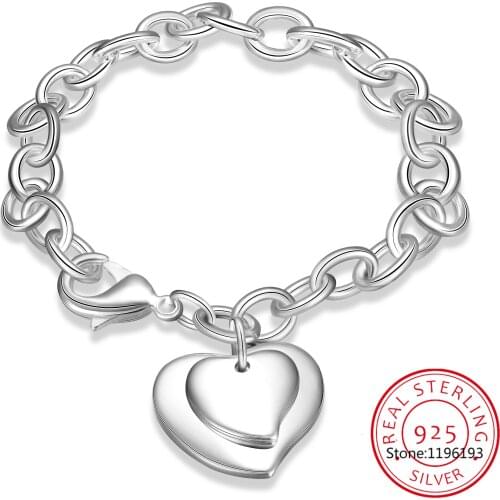 925 Sterling Silver Double Heart Pendant Bracelet Bileklik For Woman Charm Wedding Engagement Party Fine Jewelry