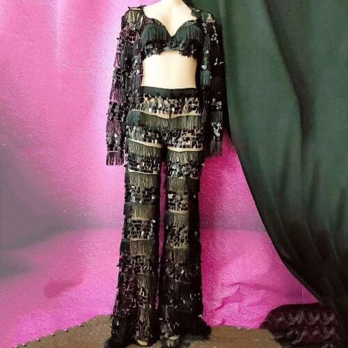 Black Sequins Tassel Pants Suit Mesh Gauze Long Sleeve Ladies Nightclub Performance Dance Show Wear Party Evening Costume
