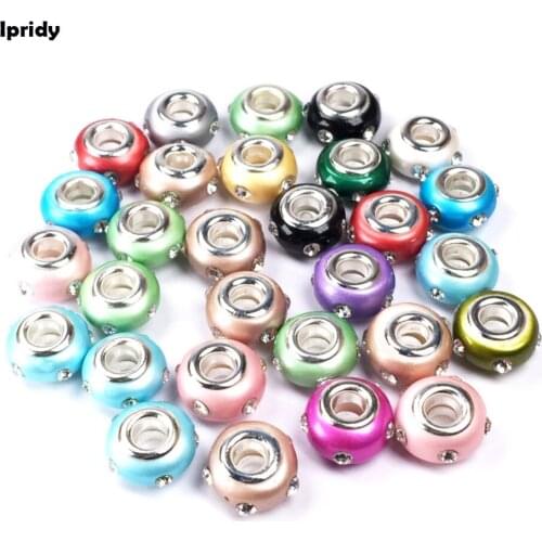 European Resin Large Hole Beads with Brass Core and Rhinestones Rondelle Metal 15x8mm hole:5mm Pearl effect