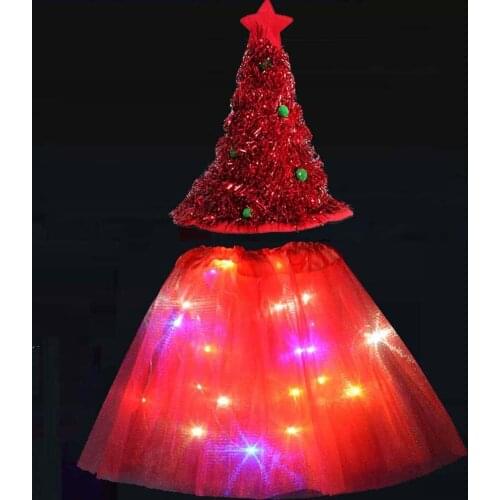 Child Girls Kids Light LED Skirt Tutu Christmas Tree Hat Headwear Xmas Gift Elf Costume Cosplay Magic Fairy Stick New Year