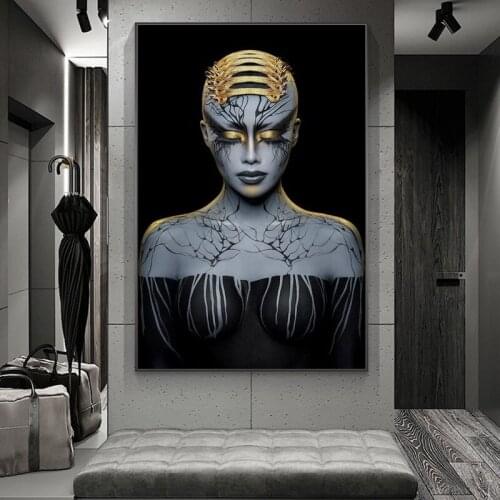 Canvas Art Painting the Dark Woman on the Wall Posters and Prints Black Gold Girl Wall Art Picture for Living Room Home Decor