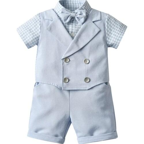 Kiddiezoom Summer Fashion Gentleman Boys Formal Clothing Set Cotton Top +Vest+Shorts Wedding Suits Toddler Boys Clothes Sets