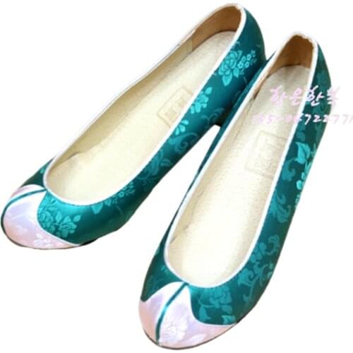 Korea Imported Traditional Hanbok Hook Shoes / Peacock Green Sun Satin Hanbok Shoes 5cm High Heel / HE-W1027