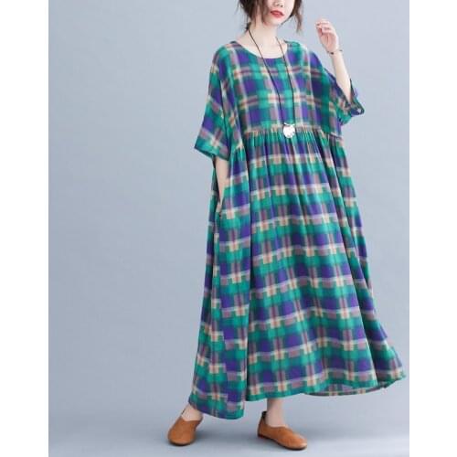 Korea Fashion Plaid Dress 2021 New Arrival Loose Summer Dress Cotton Linen Plus Size Women Holiday Travel Casual Long Maxi Dress