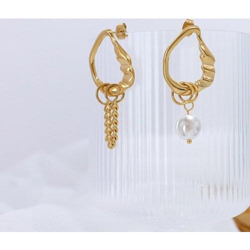 YAONUAN Lightweight Shaped Gold Plated Metal Earrings For Women Pearl Titanium Steel Asymmetrical Chain Party Fashion Jewelry