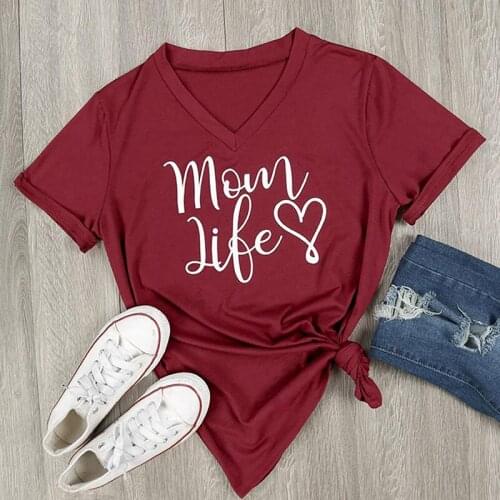 Summer Blouse For Women Casual Blouse Mom Life Letter Printed V-Neck Short Sleeve Tops Tees Female Loose Tees Red