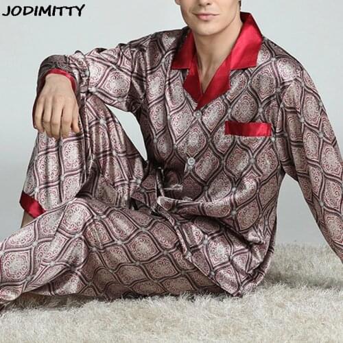 Silk pajamas men Cozy and soft Long-sleeved tops + Trousers Two Pieces Sleepwear Set Plus Size Pyjamas Home Clothes pajamas