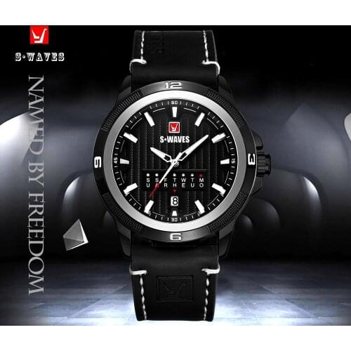 SWAVES Watches Mens 2019 Unique Black Silver Leather Band Mens Wrist Watches Luxury Army Waterproof Montre Homme Analog Watch