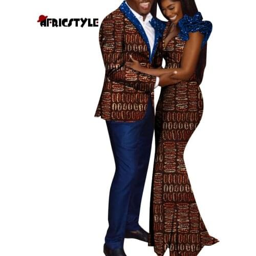 2021 New Dashiki African Couple Clothes for LOvers Bazin Riche MenTops and Pant +Women Dress African Couple Sets WYQ727