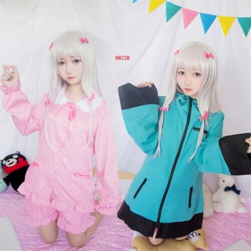 New Anime Eromanga Sensei Cosplay Suits Izumi Sagiri Pink Pajamas Blue Jacket Long Silver Wig Ero-Sensei Kawaii Girls Lolita