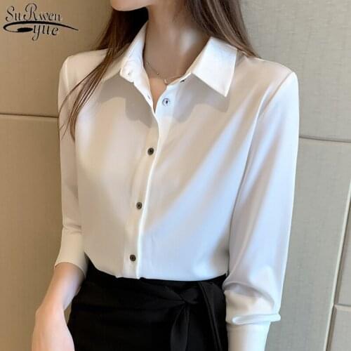 Autumn Solid Silk Long Sleeve Womens Blouse Satin Single-breasted Loose Shirts Blouse Women 2021 Korean Office Lady Style 11053
